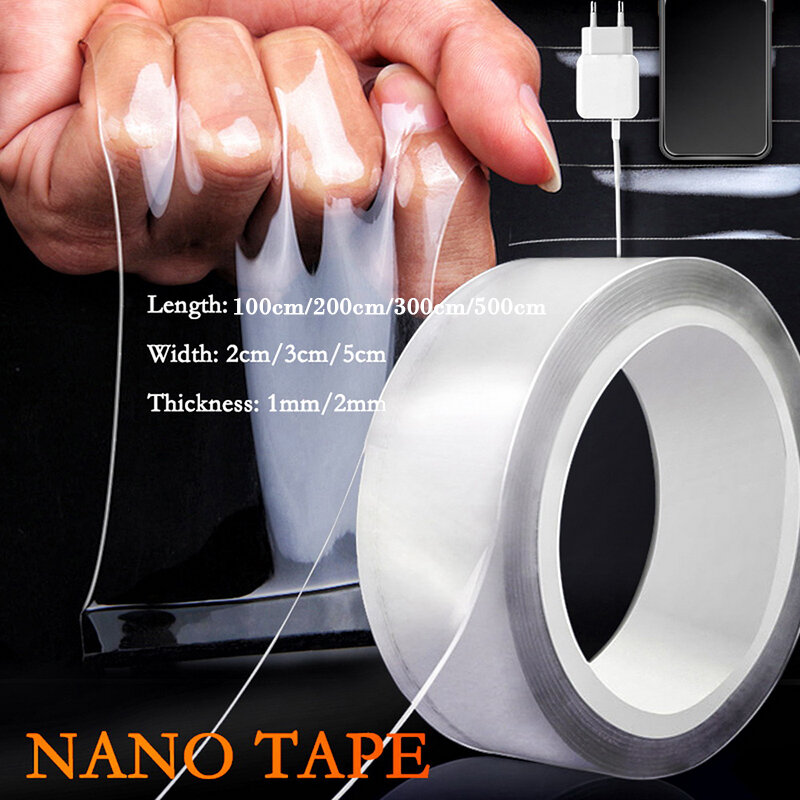 Nano bande adhésive Double face transparente, 1/2/5M, sans Trace, réutilisable, étanche, nettoyable pour la maison