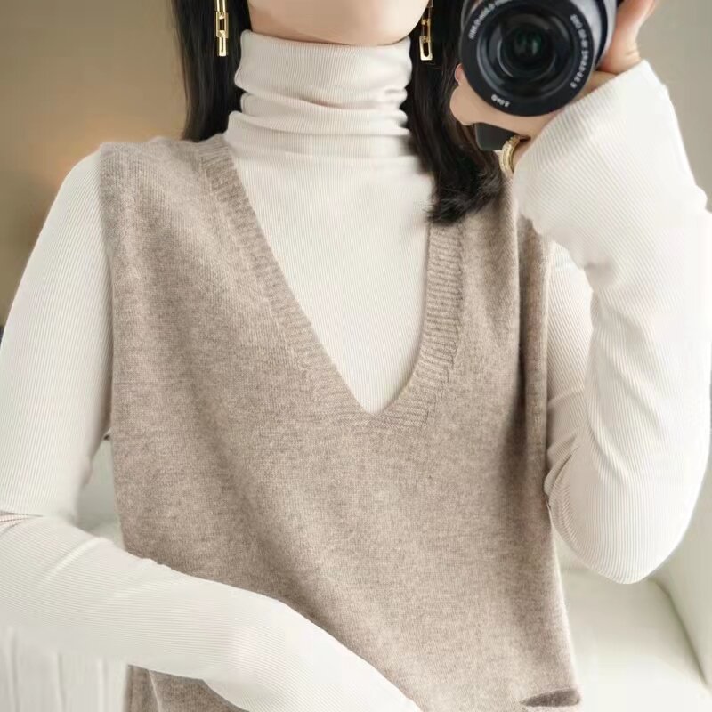 Suéter de lana pura para mujer, chaleco holgado con cuello en V, a la moda, sin mangas, con abertura lateral, 100%