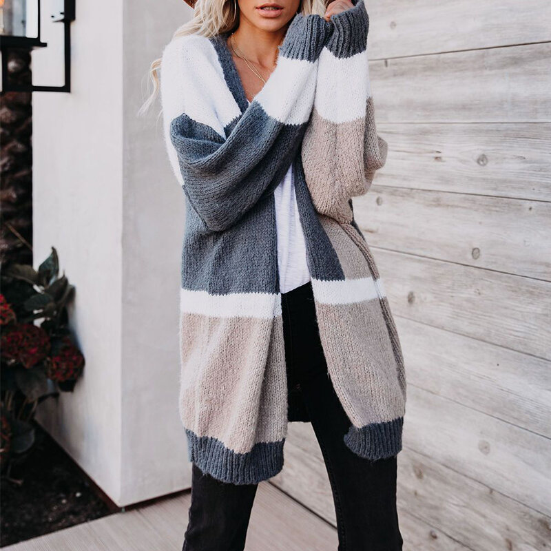 2021 Mode Baru Warna Sambungan Ukuran Besar Kardigan Rajut Longgar Jaket Sweter Wanita Kasual Musim Gugur dan Musim Dingin Tarik Femme