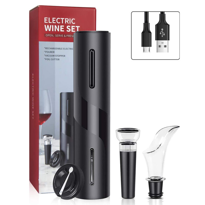 Abridor de botellas de vino eléctrico 4 en 1, sacacorchos automático recargable por USB, cortador de aluminio, tapón al vacío, aireador, juego de vertedor