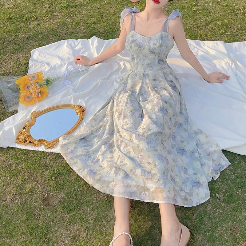 Vestido de fadas verão novo francês vintage elegante cinta de espaguete floral impressão vestido de festa de uma peça feminina coreana chique vestido feminino