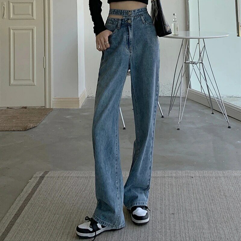 Jeans Modis Celana Lurus Celana Panjang Kaki Lebar Antik Koboi Pacar Kasual Wanita Pinggang Tinggi Longgar Dicuci 2022 Baru
