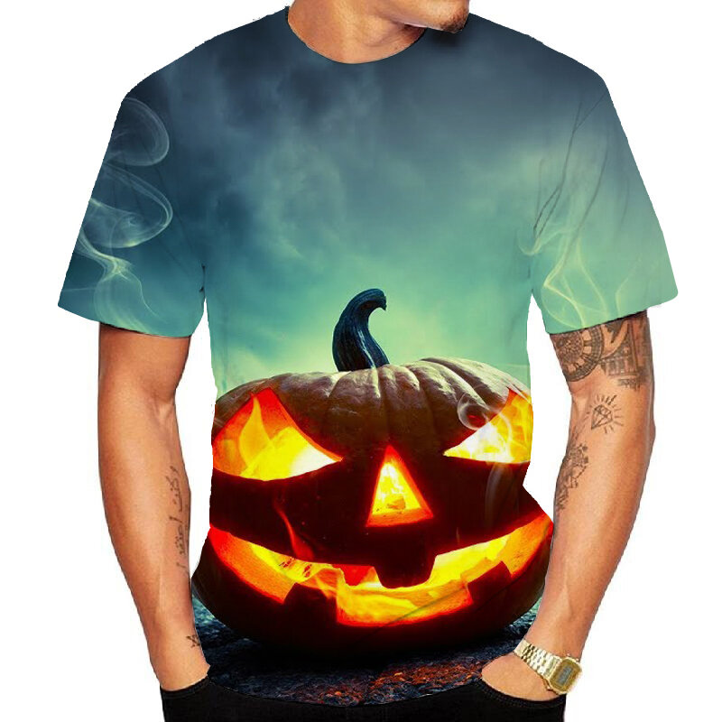 Футболка мужская оверсайз с 3d-изображением тыквы на Хэллоуин, уличная одежда в стиле Харадзюку, графическая рубашка с коротким рукавом, лет...