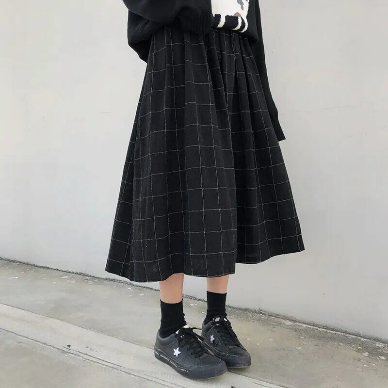 2 cores estilo japonês alta cintura elástica saias longas mulher 2019 outono inverno xadrez a-line plissado saias das mulheres (x1078)