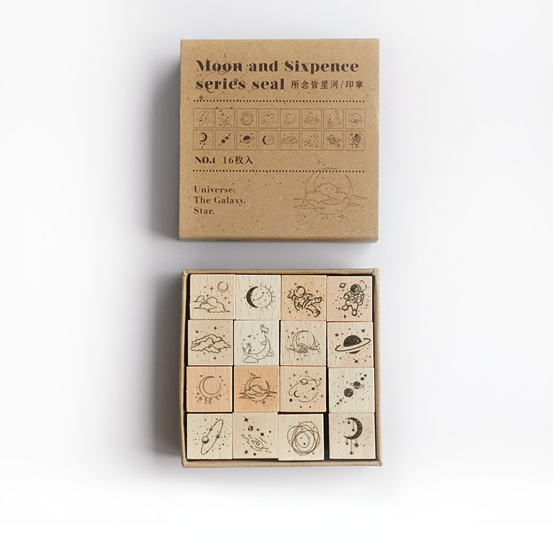 16 Stks/set Vintage Wood Postzegels Handboeken Diy Prints Ruimte En Planet Thema Decoratieve Patronen Voor Scrapbooking