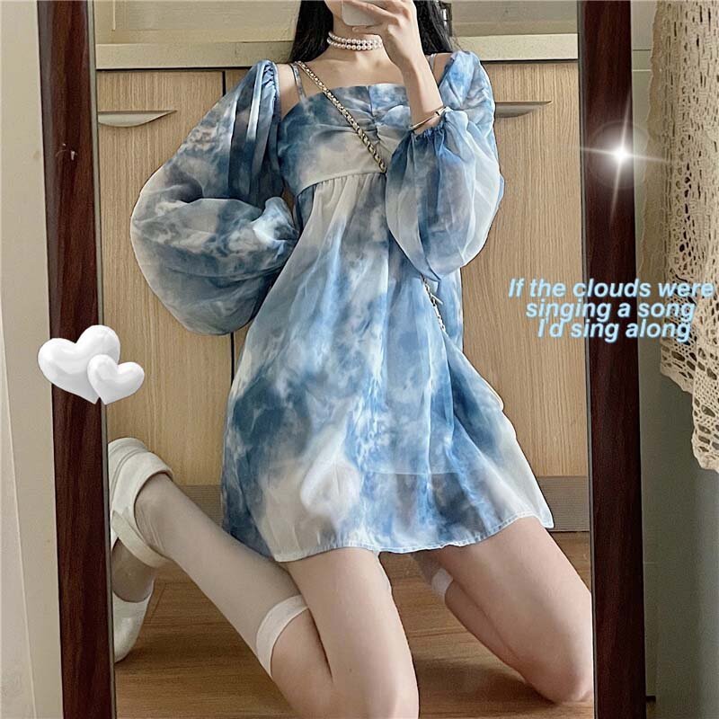 한국 슬링 미니 드레스 여성 여름 첫 사랑 원 워드 칼라 긴 소매 짧은 치마 드레스 디자인 센스 드레스 팜므, 2021