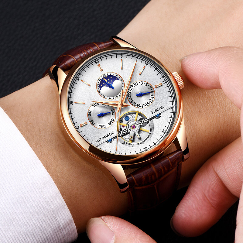 LIGE Luxury ยี่ห้อนาฬิกาผู้ชายอัตโนมัตินาฬิกา Tourbillon นาฬิกาอัตโนมัติวันที่นาฬิกากันน้ำ + กล่อง