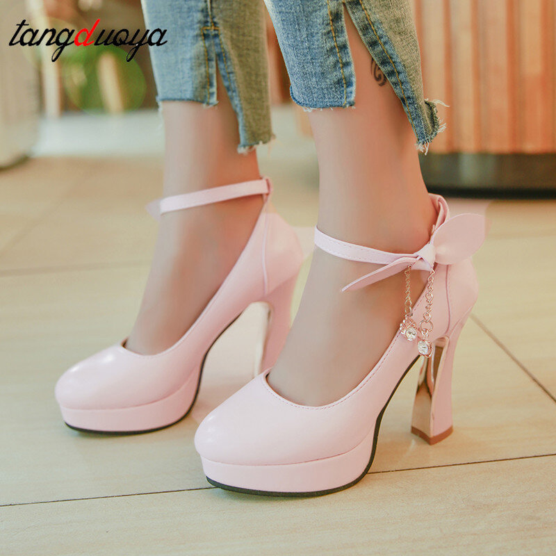 Salto alto plataforma grosso feminino, sapatos de lolita com laço, sapatos femininos, salto grosso com revestimento grosso rosa, para festa
