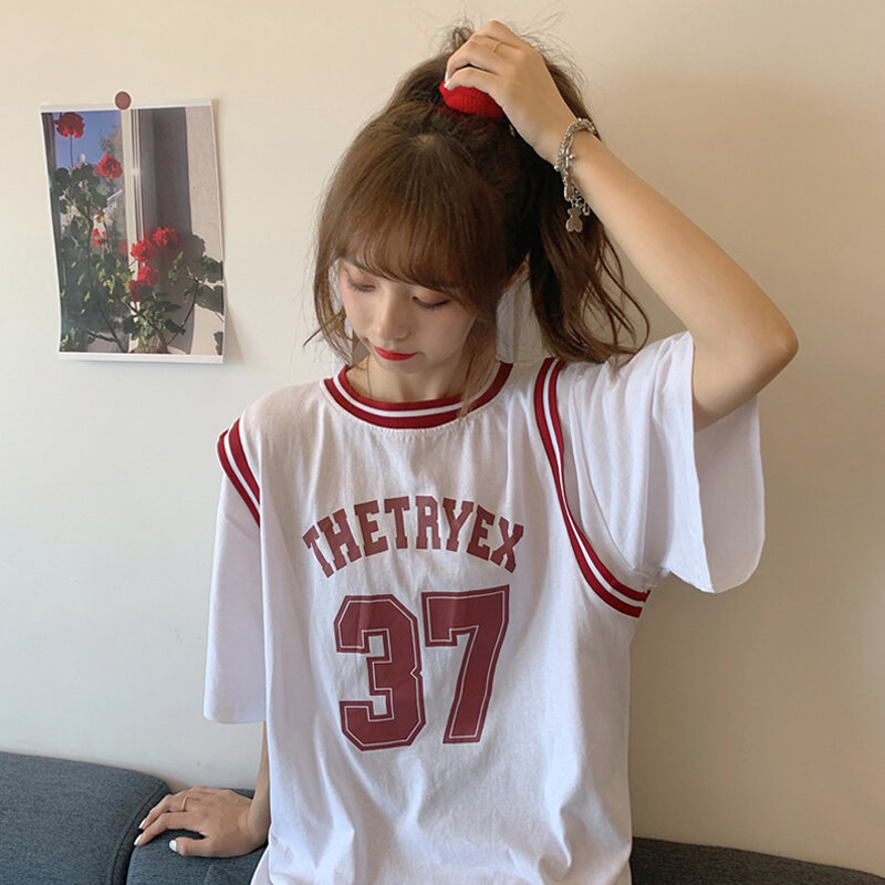 Women T Shirt Basketball Jersey Fashion Splicing Fake Two Pieces