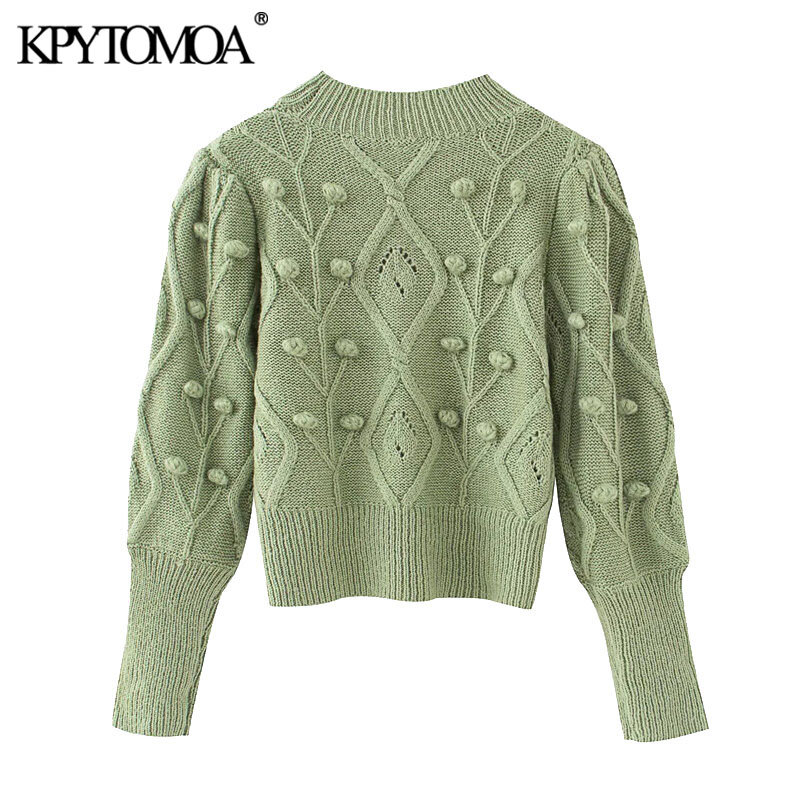 KPYTOMOA Women 2020 Fashion With Ball Cropped Knitted Sweater Vintage O Neck Long Sleeve Female Pullovers Chic Tops