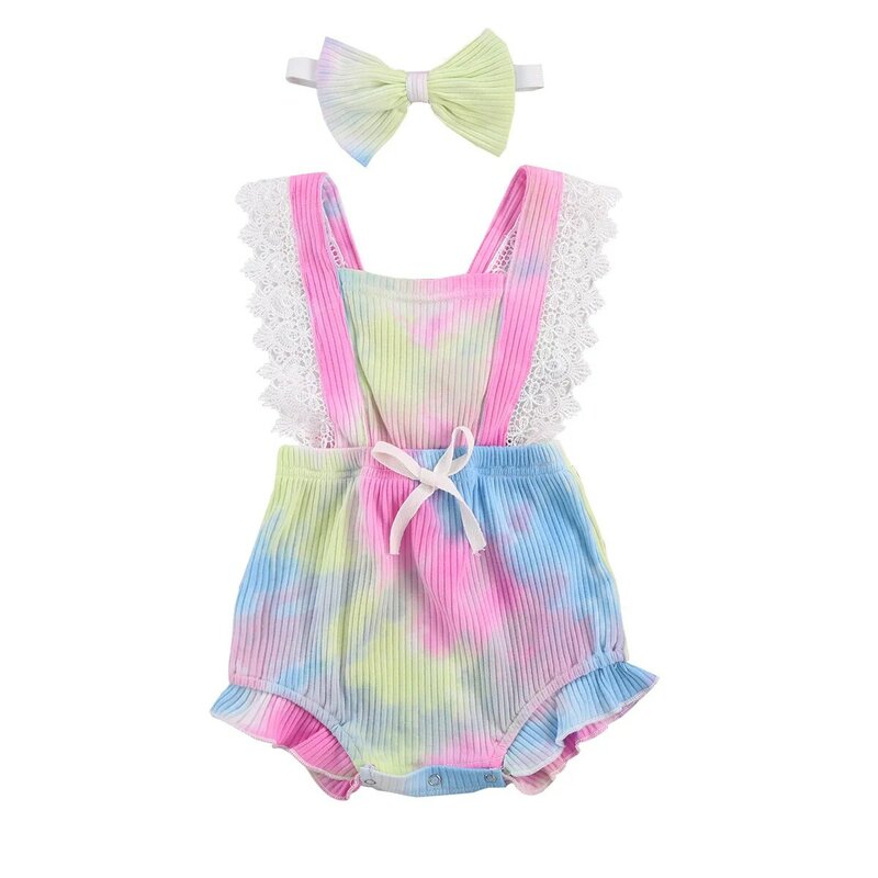 Vêtements pour bébés filles de 0 à 24 mois, combinaison à lacets sans manches, col carré, teinture par nouage + bandeau, vêtements d'automne, 2020