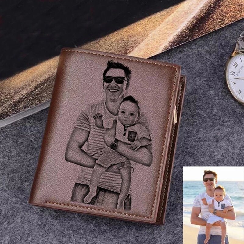 Cartera con foto grabada personalizada para hombre, billetera corta de cuero PU, con grabado de imagen personalizado, con texto, regalo para el Día del Padre