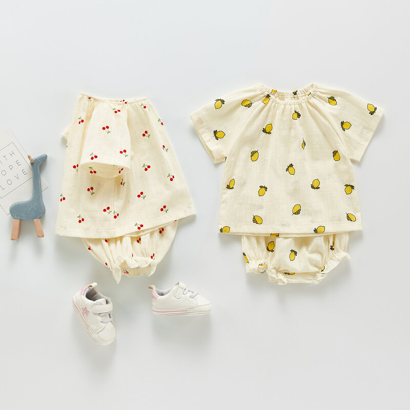 Conjunto de calções para bebês de algodão, estampa de cereja e limão para o verão
