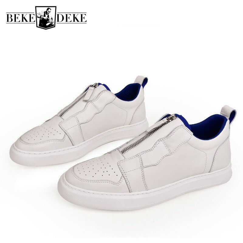 Designer Casual Genuine Leather Shoe Men Zipper Flats Sneakers White 2021 New Mens Shoes Tenis Masculino Breathable Trainers
