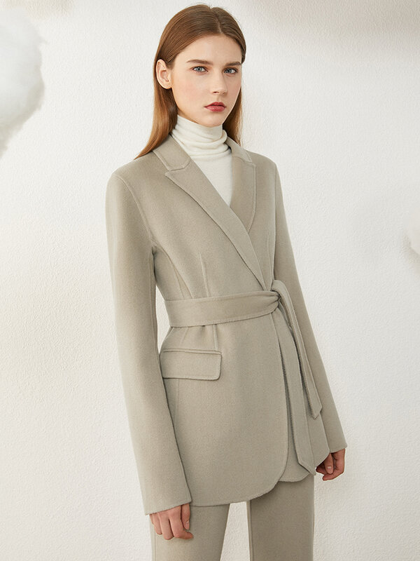 Amii minimalismo jaqueta de inverno para mulher 100% lã sólida cinto blazer inverno casaco feminino causal cintura alta sólida calças 12120380