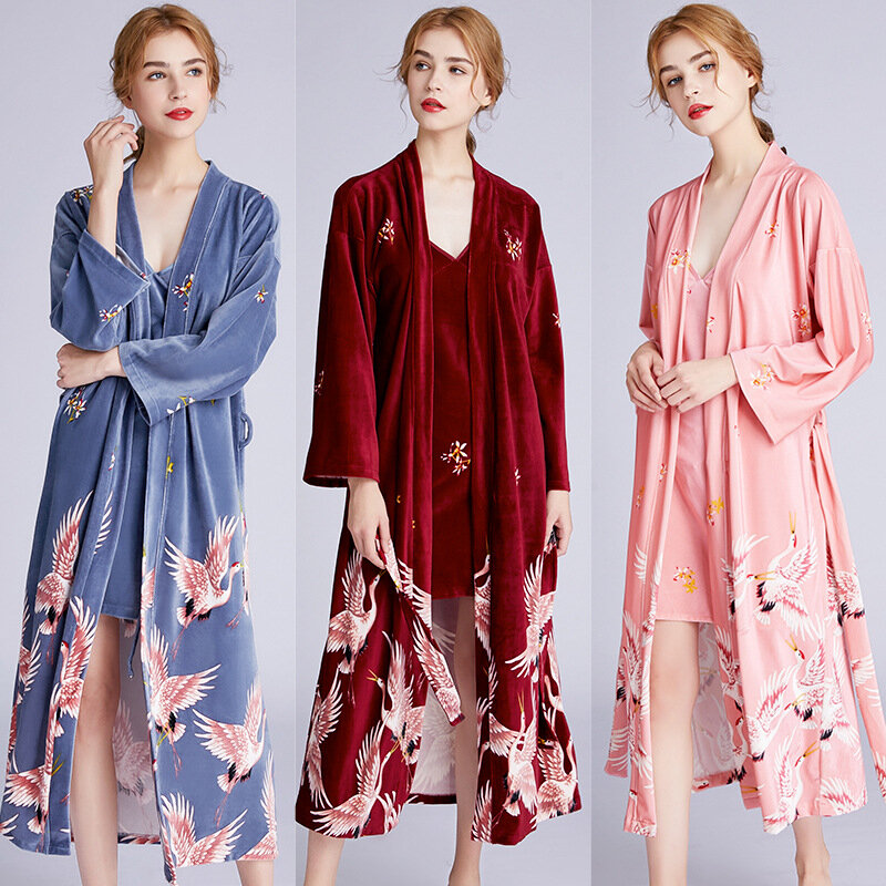 JULY'S SONG 2 Pieces Nightgown Sling Velvet Custom Women Red-crowned Crane Printing Pyjama Nightdress Autumn Winter Sleepwear