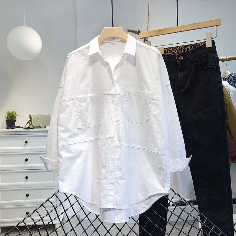 Oversize เสื้อผู้หญิง2022เกาหลีแฟชั่นคู่กระเป๋าเสื้อแขนยาวผ้าฝ้ายสีขาวเสื้อหญิงหลวม All-Match เสื้อ