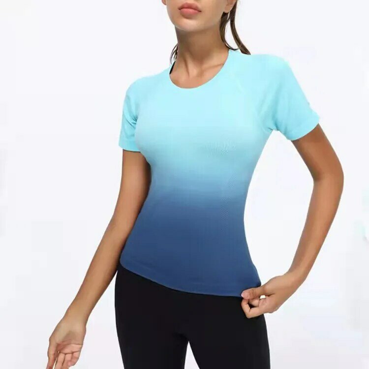 Camisetas de Yoga de manga corta para mujer, playera ajustada de Color degradado, tops de Yoga deportivos de secado rápido, ropa elástica para Fitness, Top de Fitness