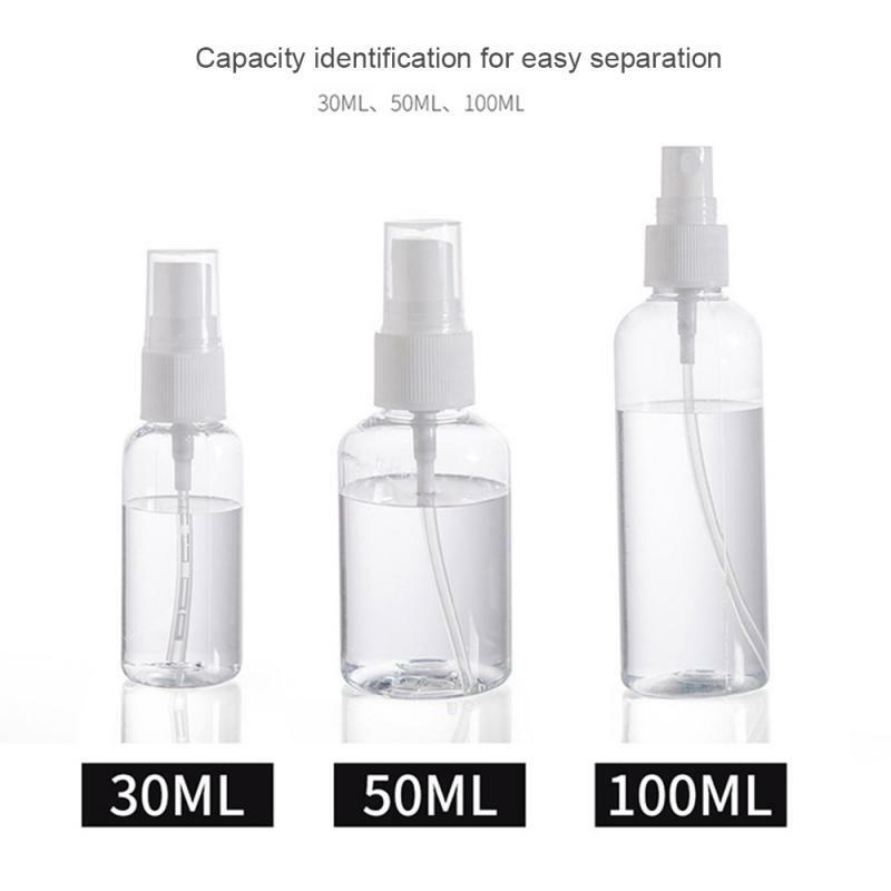 30/50/100ml frascos recarregáveis de viagem, garrafa plástica transparente atomizadora, frasco de spray pequeno vazio tóxico, livre e seguro