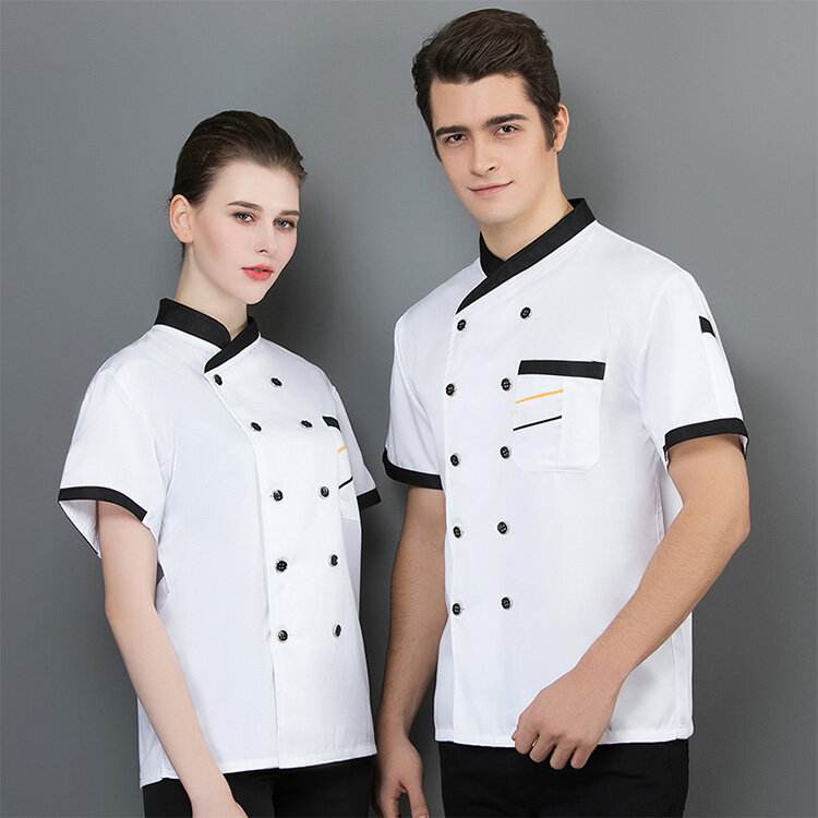 Double Breasted Short Sleeve Breathable Chef Jacket Catering Restaurant Unisex Kitchen Work Uniform Cook Clothes For Bakery Tops
