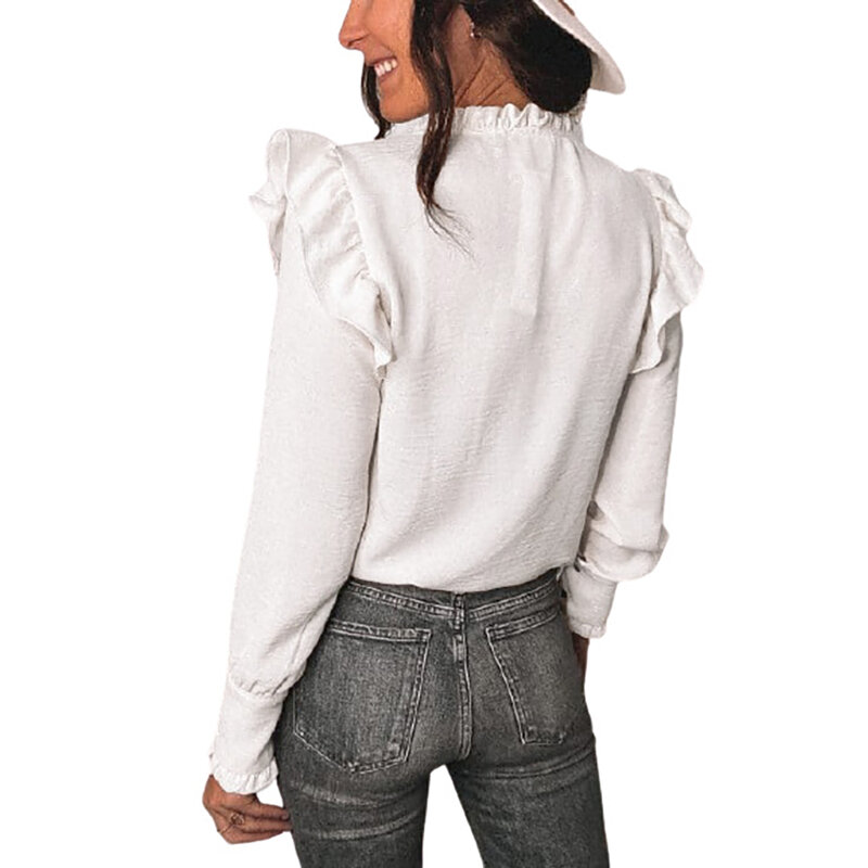 Новая мода; Сезон осень-зима Лидер продаж футболка с длинными рукавами с v-образным вырезом, простые Волан Классическая рубашка для женщин