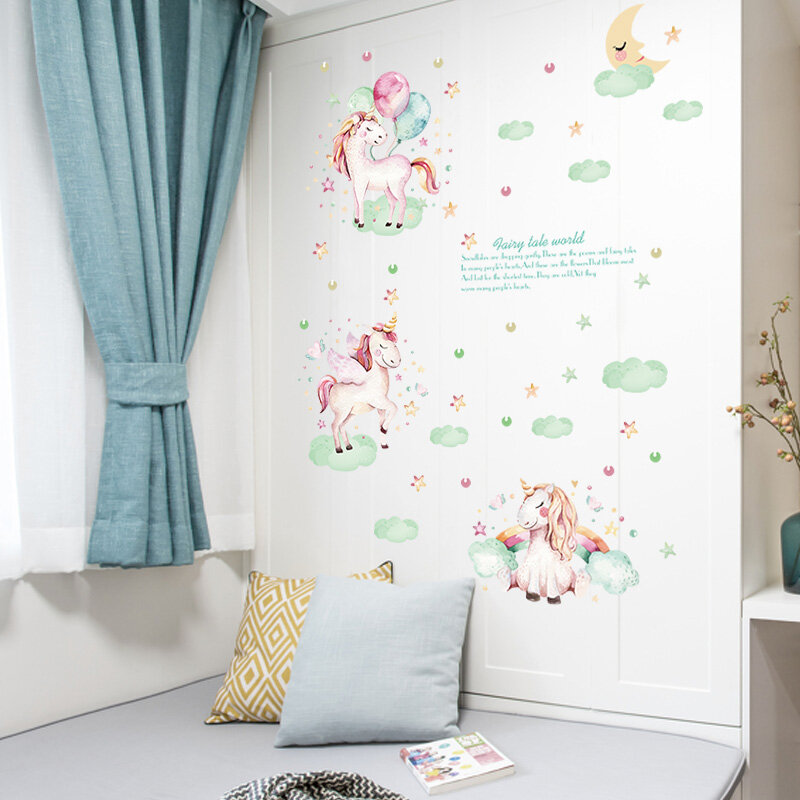 Pegatinas de pared de unicornio para habitación de bebé, decoración del hogar, calcomanías de caballo de dibujos animados para niños y guardería