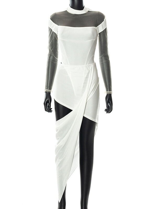 Conjunto de dos piezas de malla de retales para mujer, body transparente de manga larga + cintura alta, Sexy, faldas recortadas, trajes elegantes de otoño 2021