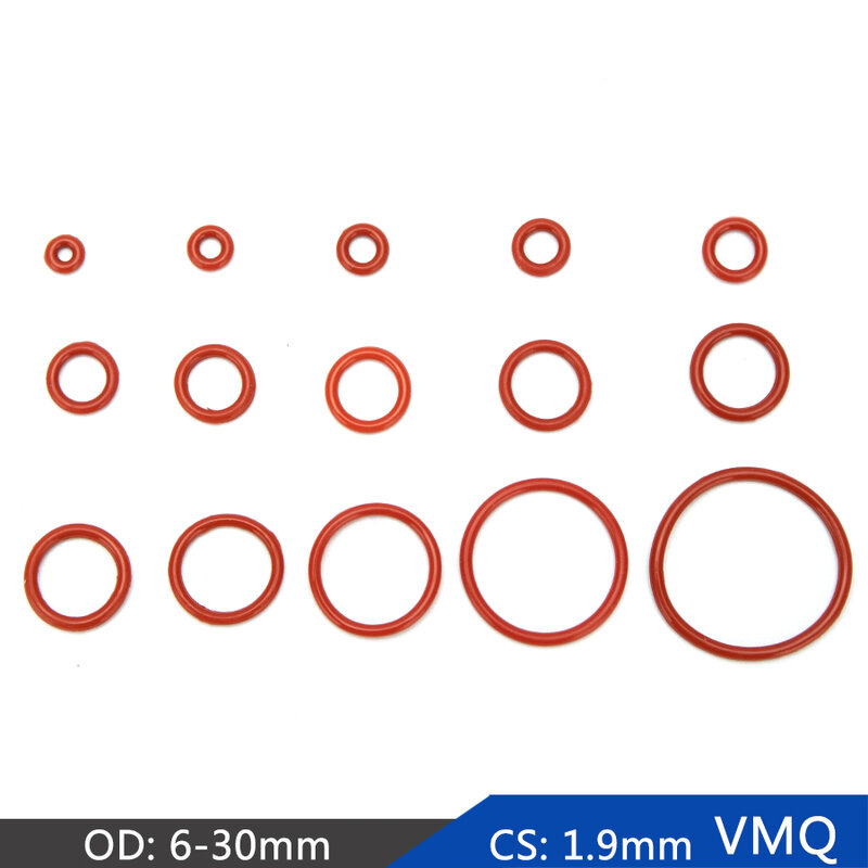 VMQ-junta tórica de sellado de goma de silicona, repuesto de juntas Rojas, arandela OD 6mm-30mm CS 1,9mm, accesorios de bricolaje S94, 50 piezas