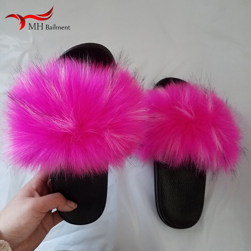 Furry Fur Slides for Women Wholsale Fluffy Slippers Indoor Shoes Fake Fox Fur Flip Flops  Faux Sandanls Flat Dropshopping