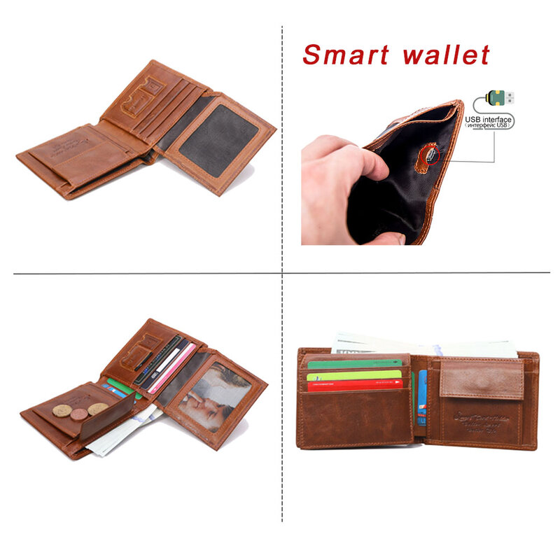 Carteira inteligente gps bluetooth-compatível registro de couro curto titular de cartão de crédito masculino bolsa de moedas de couro genuíno