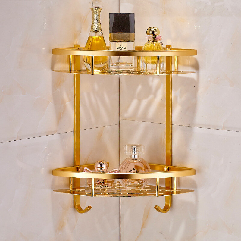 Étagère d'angle pour salle de bain en aluminium doré, support de rangement à 2 couches, support mural pour accessoires de salle de bain, panier d'étagère