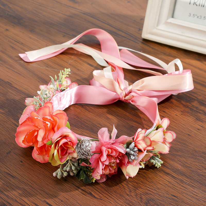MOLANS 2020 New Bohemian Floral Bridal Headband Pink Streamers Wedding Belts Photo Shoot Dress Gown Belt Hair Accessories