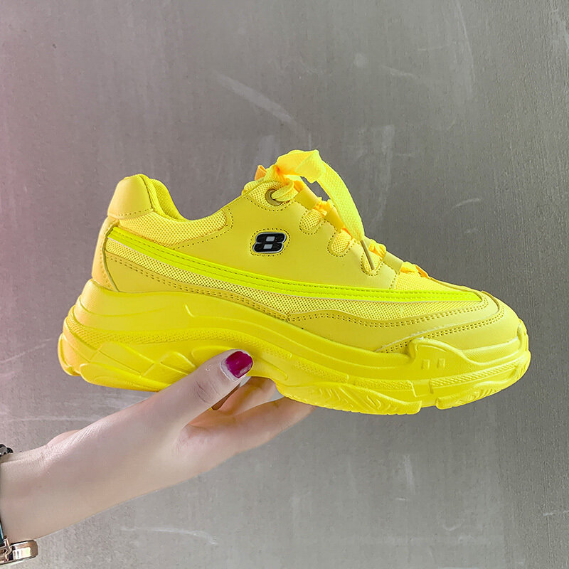 Zapatillas de deporte gruesas informales para mujer, zapatos planos de malla transpirable con plataforma, color amarillo y naranja, para verano, 2020
