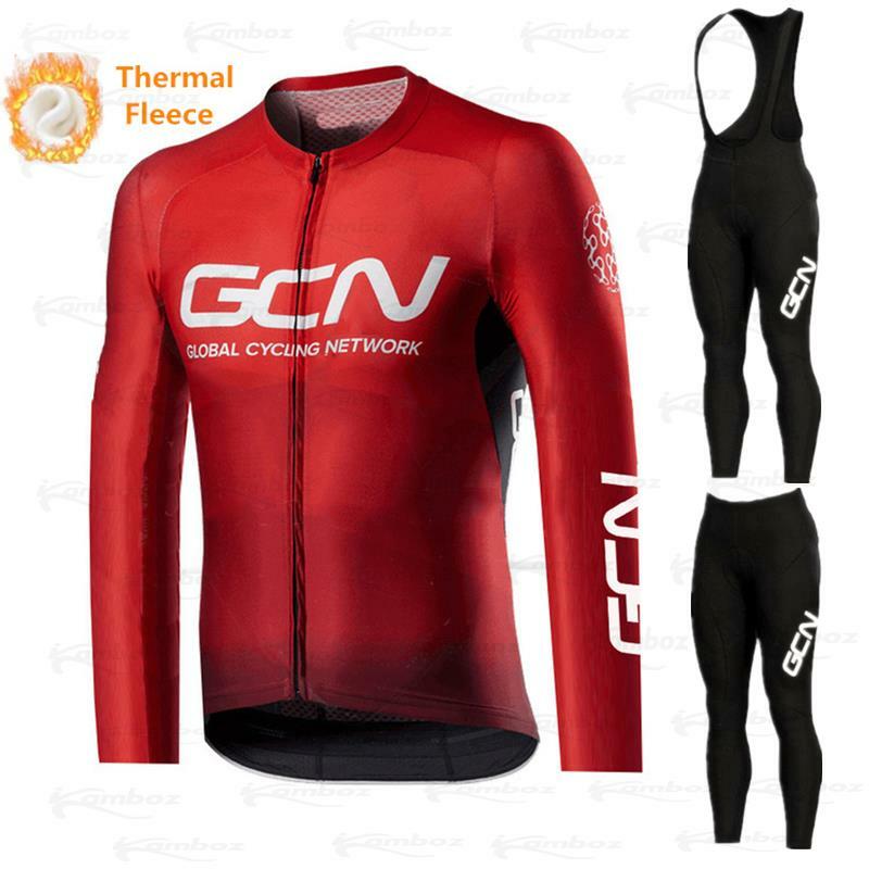 สีแดง2021 GCN ขี่จักรยาน Jersey ชุดฤดูหนาวขนแกะแบบแขนยาวกีฬาแข่งจักรยาน Jersey ชายทีมจักรยานเสื้อผ้า