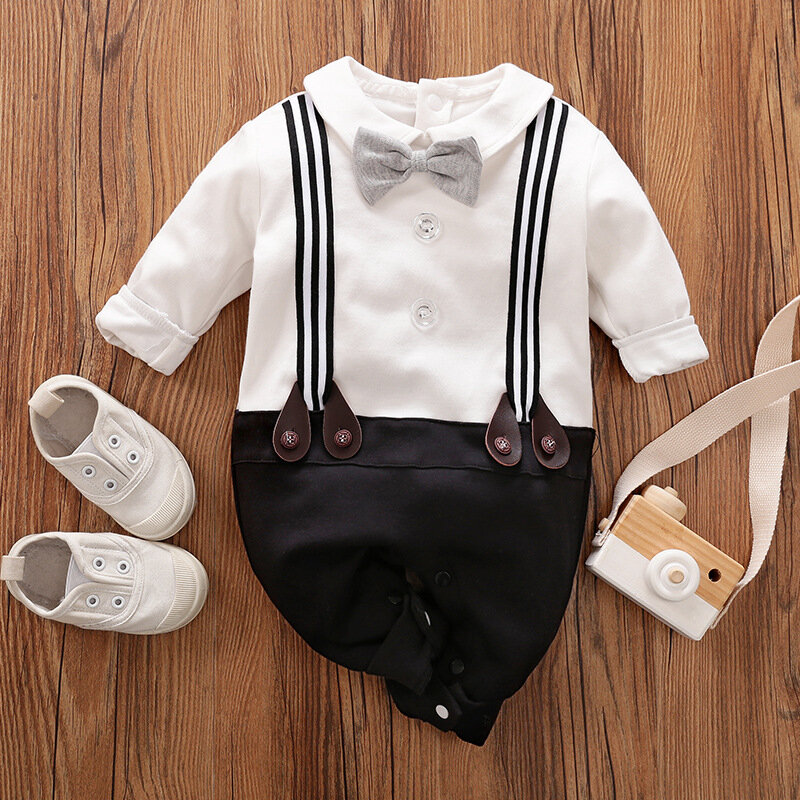 Newborn Infant Baby Boy Clothes Jumpsuit Summer 2021 Toddler Gentleman Long Sleeve Rompers Overalls with Bow Tie Baby Clothing