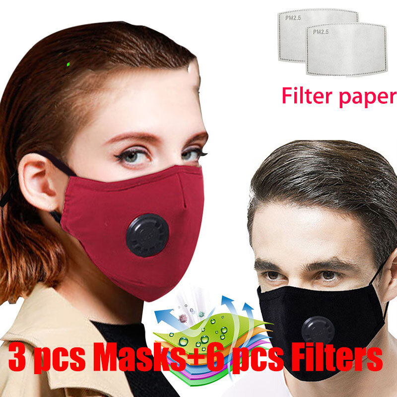 3pcs Reusable Washable Adult 3D Face Mouth Mask Anti Dust Bacteria Flu Breathable Valved Respirator with Activated Carbon Filter