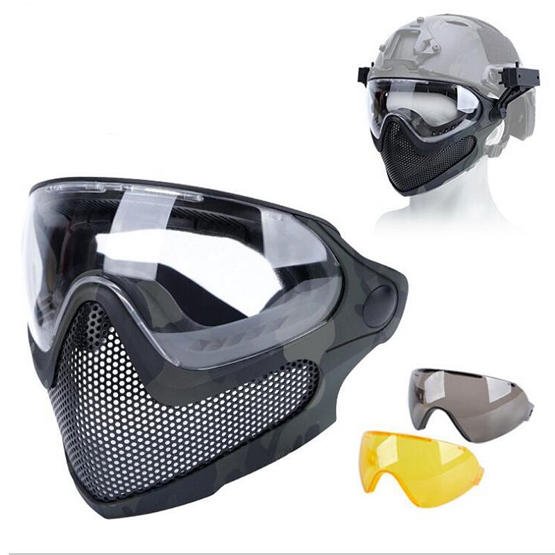 Masque de protection du visage complet avec lentille noire/jaune/propre,équipement tactique anti-buée de tir pour paintball et airsoft,