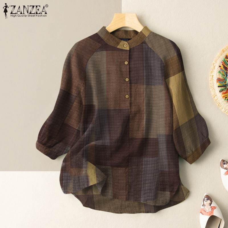 ZANZEA – chemisier Vintage à carreaux pour femmes, manches 2021, Tops surdimensionnés, décontracté, ample, boutons, mode printemps automne 3/4