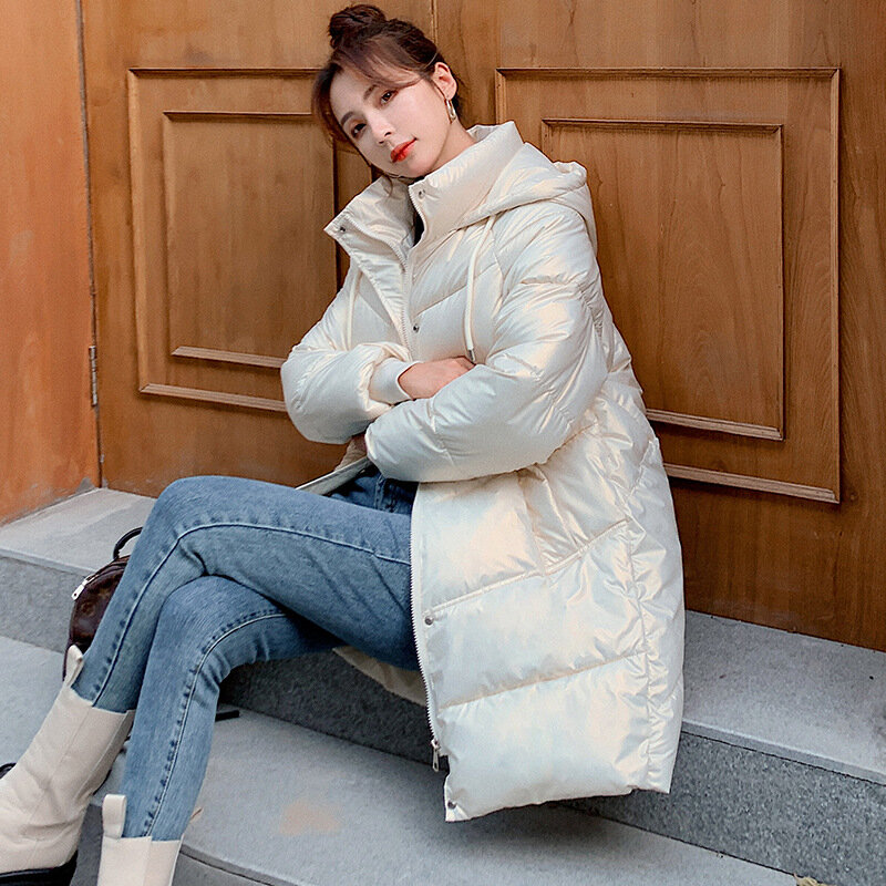 Chaqueta de invierno para mujer, Abrigo acolchado de algodón de longitud media brillante, sin lavado, adelgazante, estilo coreano, 2021