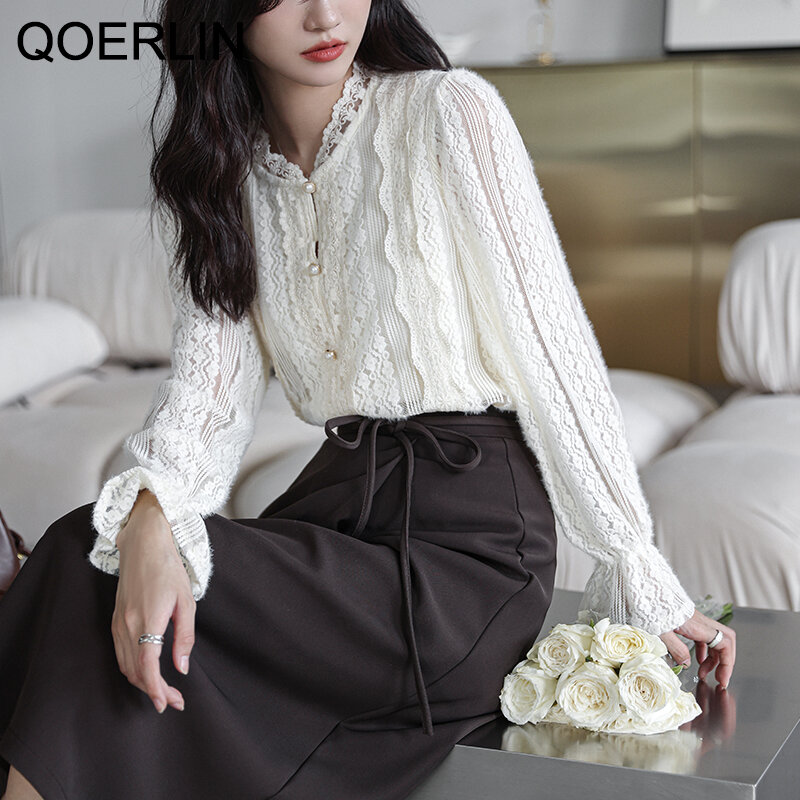 Qoerlin botão exquitado camisa de renda feminino temperamento coreano alargamento manga blusa vintage elegante oco para fora babados camisas