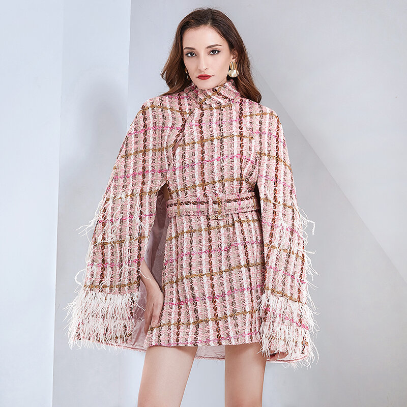 TWOTWINSTYLE Patchwork Tassel Plaid Jacket For Women Turtleneck High Waist Sashes Hit Color Casual Coats Female 2020 Fall New