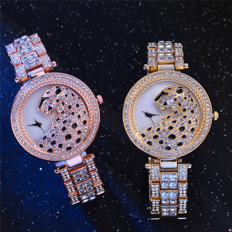 Reloj de lujo con diseño de leopardo dorado para mujer, cronógrafo de cuarzo con diamantes de cristal, estilo informal