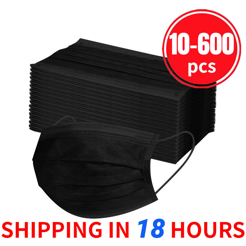 Fast Delivery 10/50/100/200/600Pcs Adult Black Disposable Face Mask 3ply Ear Loop Adjustable Non-Woven Mask Masque Mascarillas