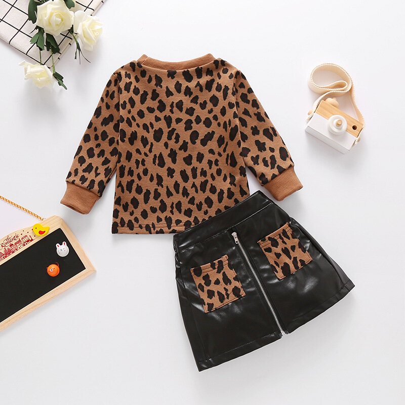 Roupa das crianças 2021 outono primavera nova menina leopardo suéteres terno 2 pçs moda pu zíper saias define roupas de bebê quente