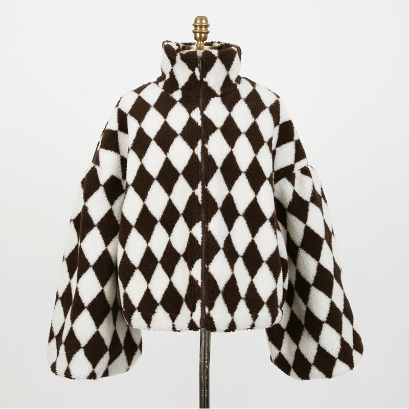 Cordeiro cashmere gola alta rhombic cor correspondência zíper clipe algodão acolchoado casaco feminino jaqueta feminina manga longa tops 659f