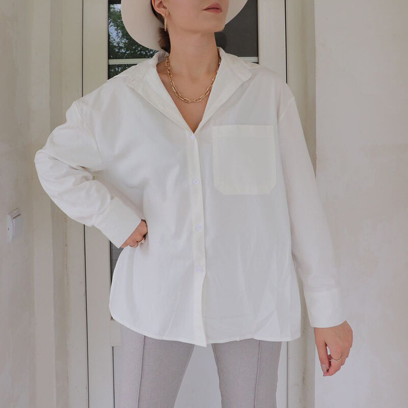 Lizkova – chemisier blanc en coton pour femmes, chemise surdimensionnée japonaise, manches longues à revers, décontracté, 100%, 2021, 8887