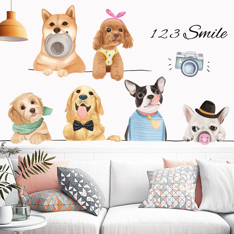 Cão bonito adesivos de parede crianças cabeceira quarto casa removível decoração cães adesivos de parede loja pet pintura criativa carto