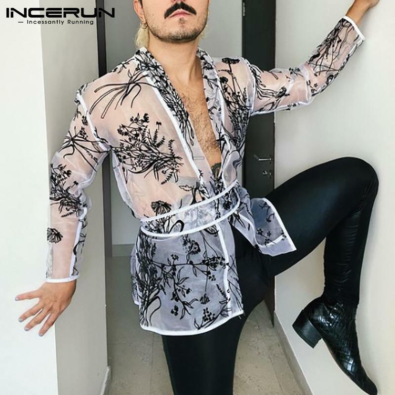 INCERUN Tops 2021 New Mens Sexy Leisure Transparent Printed Long-sleeved Loose Blouse Casual Comfortable Cardigan Camiseta S-5XL
