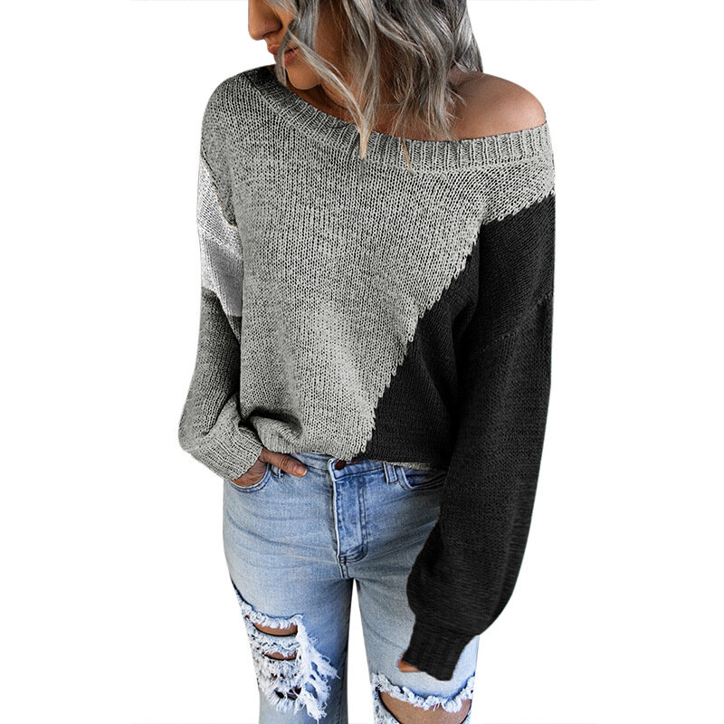 Женский трикотажный пуловер, однотонный Повседневный свитер с открытыми плечами и длинными рукавами, вязаный пуловер с плотными стежками, Осень-зима 2021