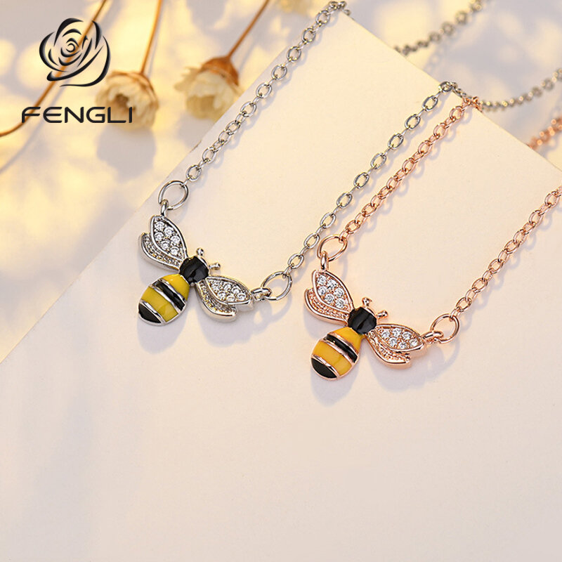 FENGLl Romantis Liontin Kalung untuk Wanita Lebah Warna Emas Jaringan Liontin Menawan Link Rantai Fashion Perhiasan